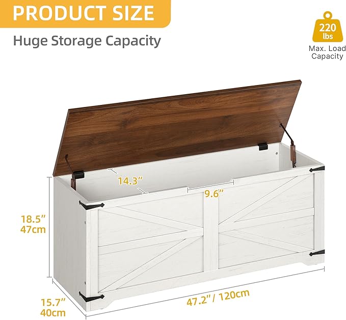 DWVO Storage Bench, 47.2" Farmhouse Storage Chest with 2 Safety Hinges, Wooden Utility Organizer, Shoe Bench for Entryway, Bedroom, Living Room, White and Walnut