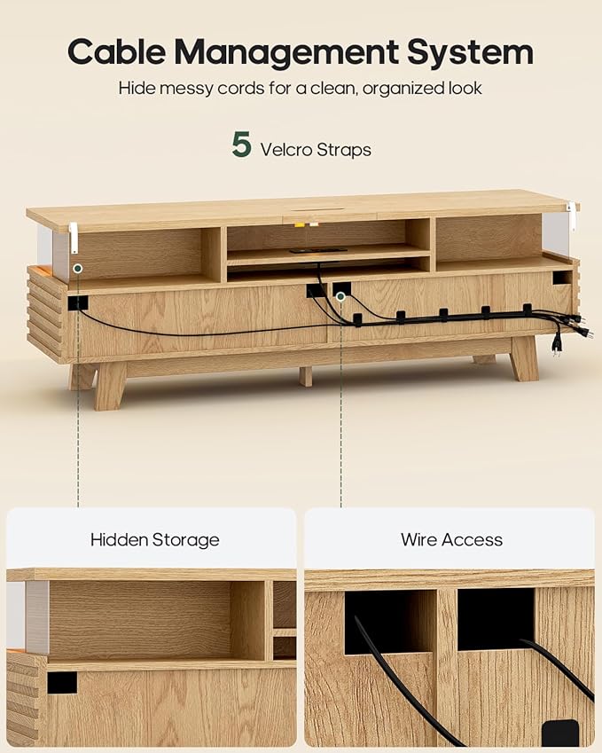 HAUOMS 59" TV Stand for Living Room with Cable Management, Hidden Power Station, LED Lights, Media Console up to 70", Entertainment Center, Fluted Modern TV Cabinet with Storage, Anti-Tip, Oak