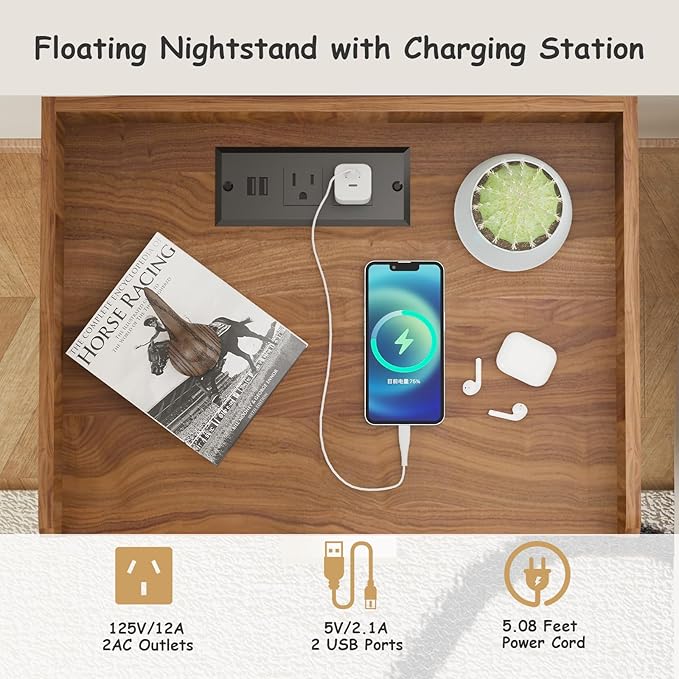 Arbuxzuy Floating Nightstand Set of 2 with Charging Station, Modern Wall Mounted Bedside Table with Drawer & Open Shelf, Minimalist Wooden Night Stand for Bedroom (Walnut Brown)