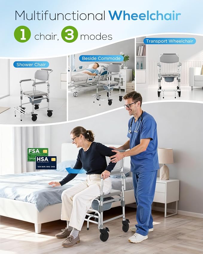 Shower Chair with 5" Enlarged Wheels, 330lbs Heavy Duty Bedside Commode Wheelchair, Folding Arms & Footrests, Lockable Casters, Sponge Padded Seat & Safety Straps, for Elderly and Mobility