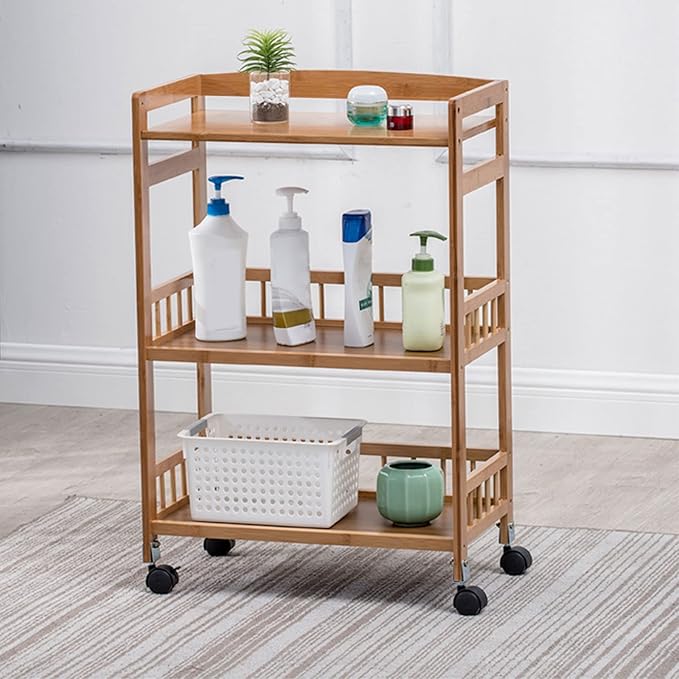 3-Tier Rolling Home Bar Serving Cart Mobile Kitchen Serving Trolley Cart with Removable Trays Bamboo Wine Rack with Wheels Bar Dining Room Tea Wine Holder Serving Cart Furniture