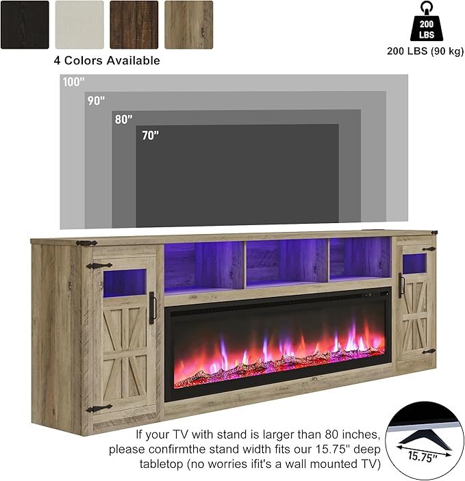 Fireplace TV Stand for 100 Inch TV, 95" Farmhouse Entertainment Center with 60" Electric Fireplace & LED Lights, Large Media Console for Living Room, Rustic Barn Doors, Power Outlets,Grey