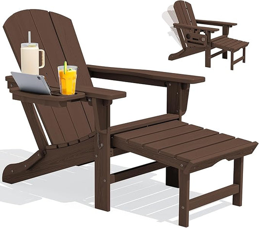 SERWALL Folding Adjustable Adirondack Chair with Footrest, HDPE Outdoor Chair with 4-in-1 Cup Holders, All Weather Adirondack Chair with Ottoman, Coffee