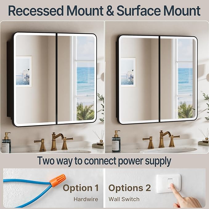 32x30 Inch Medicine Cabinet with Mirror, Recessed or Surface Mount Bathroom Medicine Cabinet with LED Lights, Anti-Fog, Memory Function, Adjustable Shelf, Dimmable Light, ETL Listed, Black