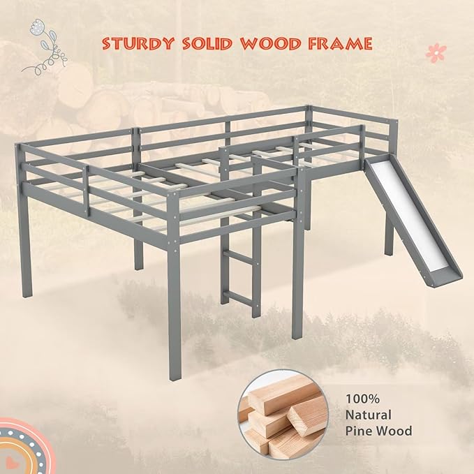 Merax Twin Size Double Loft Bed with Slide and Ladder, Wooden L-Shaped Bed Frame with Full-Length Guardrail, Wood Bedframe for Kids Teens Adults Bedroom, 2 Twin Beds, Grey