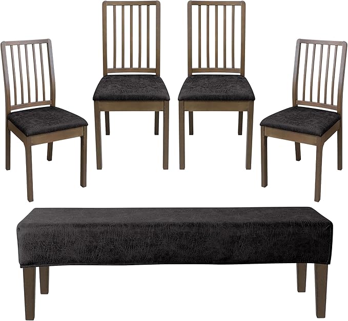 FORCHEER Dining Room Chair Seat Covers Set of 4 with 1 PC Bench Cover Set Faux Leather Fabric Anti-Dust Removable Seat Protector for Dining Room- 4 PCS Chair Cover+1 PC Bench Cover(Black)