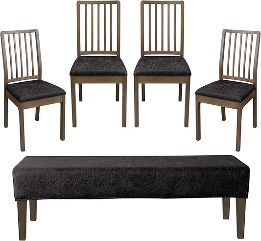 FORCHEER Dining Room Chair Seat Covers Set of 4 with 1 PC Bench Cover Set Faux Leather Fabric Anti-Dust Removable Seat Protector for Dining Room- 4 PCS Chair Cover+1 PC Bench Cover(Black)