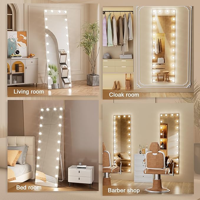 Kosmonia 64x22 Hollywood Full Length Mirror with Light, 22 Dimmable Bulbs & 3 Color Smart Touch Control, Distortion Free, Tempered Glass, Safe Full Body Mirrors with Stand