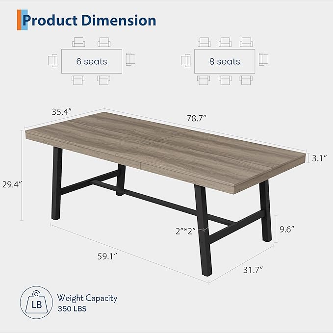 GarveeHome Industrial Dining Table for 6-8 People, 78.7" Long Kitchen Table with Sturdy Metal Frame, Rectangular Counter for Dinner, Kitchen, Dining Room (Grey Walnut, 79" Non-extendable)