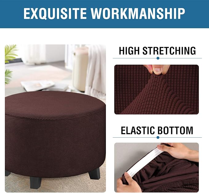 H.VERSAILTEX Ottoman Cover Stretch Ottoman Slipcover Round Ottoman Storage Cover Folding Stool Covers Furniture Protector Cover for Footrest Ottoman Fit Dia 20" - 23", Chocolate