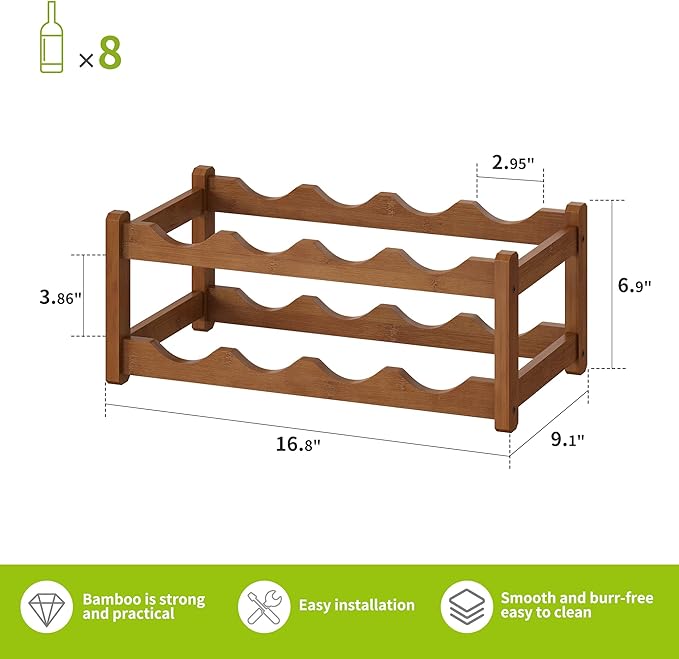 BMOSU Bamboo Wine Rack Wine Storage Cabinet Shelf 8 Bottle Wine Racks Countertop Sturdy for Kitchen Dining Room Pantry - 2 Tiers Wine Rack(Brown)