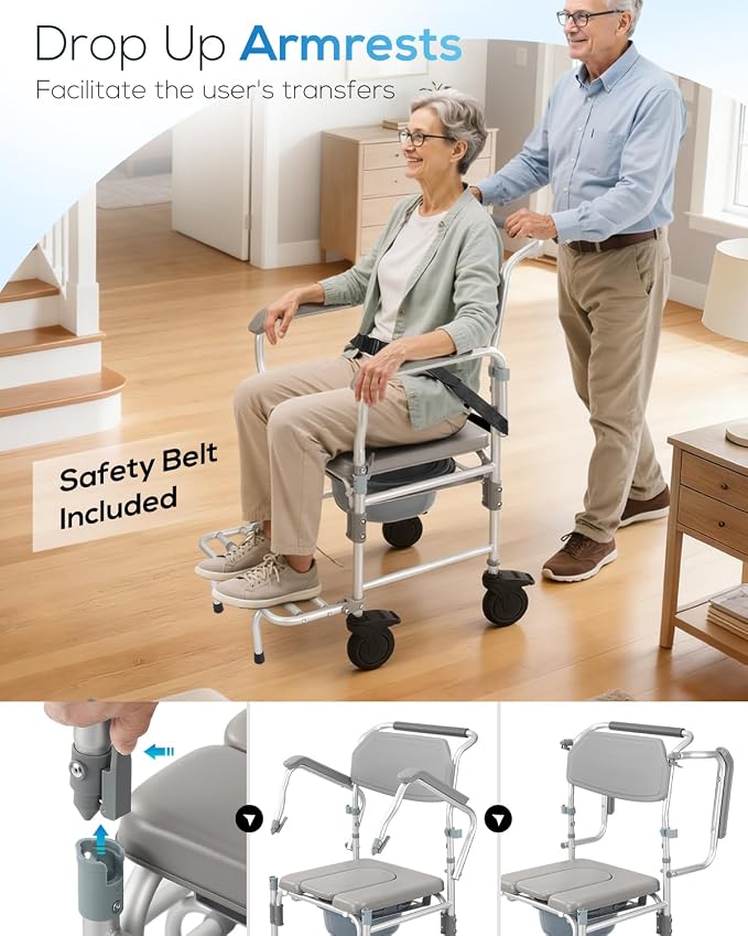 Shower Chair with 5" Enlarged Wheels, 330lbs Heavy Duty Bedside Commode Wheelchair, Folding Arms & Footrests, Lockable Casters, Sponge Padded Seat & Safety Straps, for Elderly and Mobility
