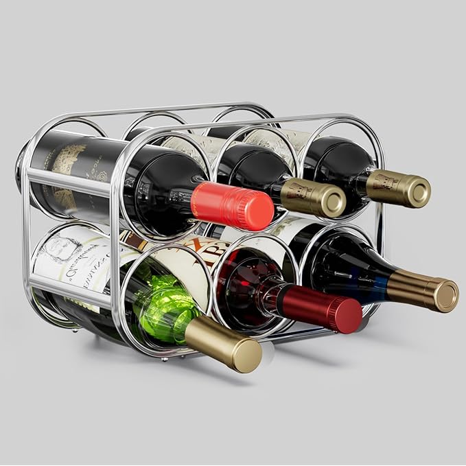 Buruis 6-Bottle Wine Rack, Modern Metal Countertop Wine Holder Stand for Kitchen, Pantry & Cabinet Storage, No Assembly Required, Silver