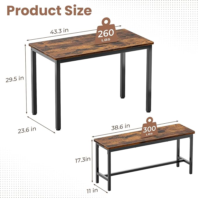 Dining Table Set for 4, Kitchen Table with 2 Benchs, Modern Functional 3-Piece Dining Room Table for Apartment Breakfast Nook and Samll Space, Brown