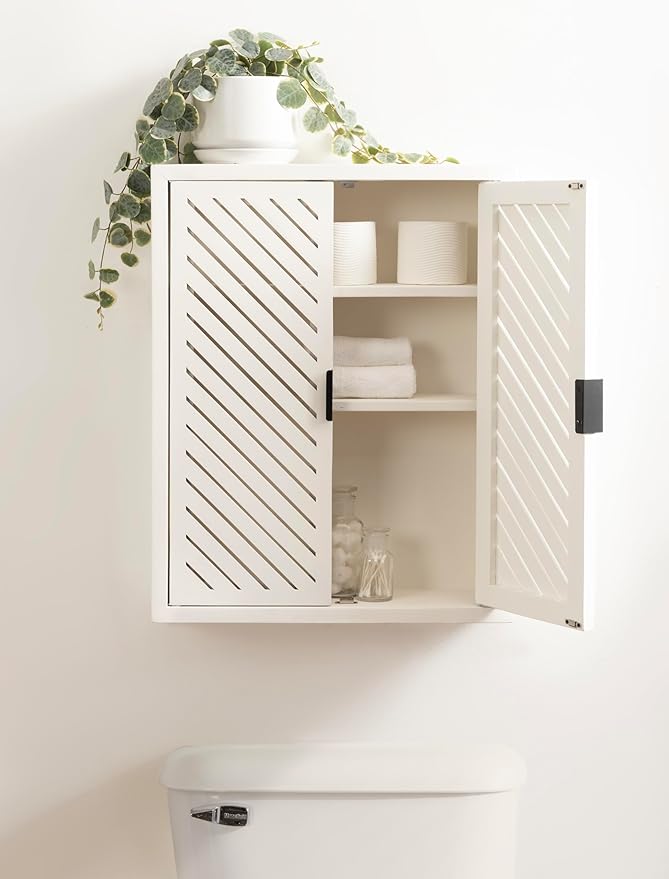 Kate and Laurel Mezzeta Decorative Coastal Two-Door Floating Bathroom Cabinet; 22 x 7 x 28; White; Decorative Over Toilet Storage Cabinet for Use as Bath Storage or Living Room Decor