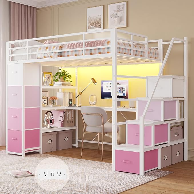 DICTAC Loft Bed Twin Size with Storage Stairs,Desk and Power Strips,Metal Twin Loft Bed with LED Lights,8 Storage Drawers &Open Shelves,Loft Beds for Kids,Teens,Adults with Safety Guardrail,White+Pink