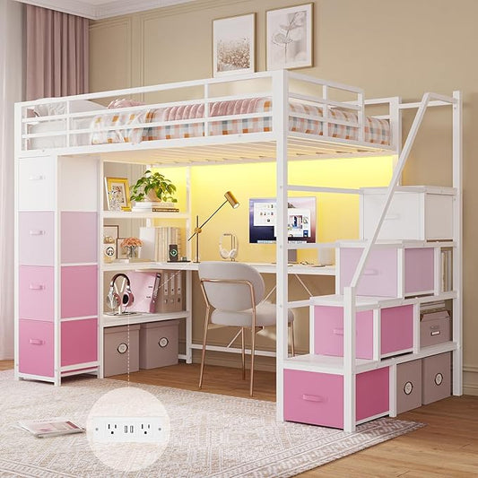 DICTAC Loft Bed Twin Size with Storage Stairs,Desk and Power Strips,Metal Twin Loft Bed with LED Lights,8 Storage Drawers &Open Shelves,Loft Beds for Kids,Teens,Adults with Safety Guardrail,White+Pink