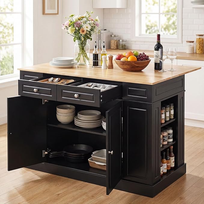 Giantex Kitchen Island with Storage & Drop Leaf, 48" Stationary Island Table with Rubber Wood Top, 2 Drawers, Cabinet, Adjustable Shelf, Butcher Block Island for Living Dining Room, Bar (Black)