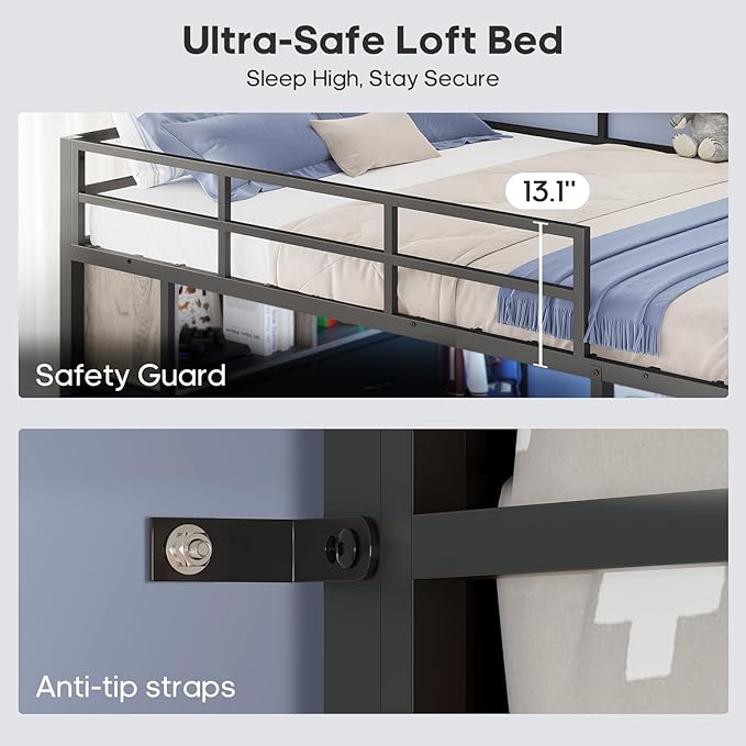 ADORNEVE Loft Bed Full Size with Desk and 8 Storage Drawers, LED Metal Loft Bed with Power Outlet, 2 Shelves & Clothing Rack, Bed with Safety Guardrail & Ladder,Space-Saving, Grey