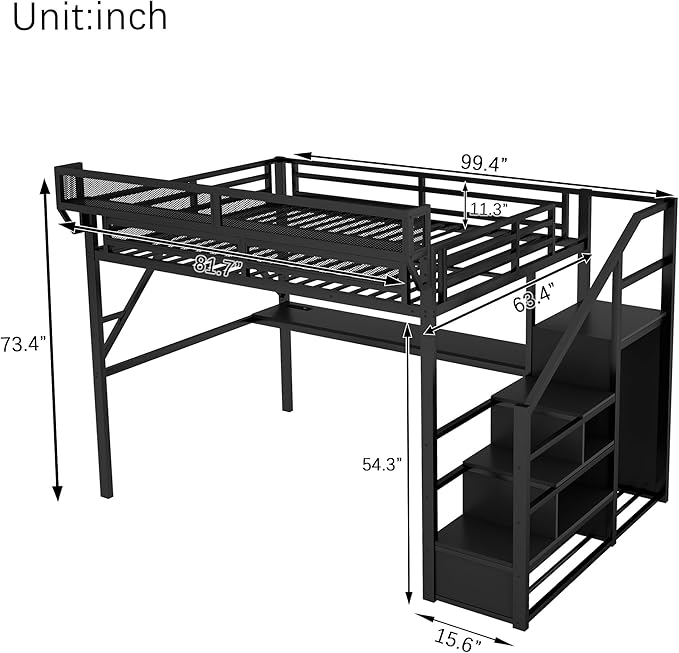 KEIKI Queen Size Metal Loft Bed Frame with Desk, Staircase, Built-in Storage Shelves and Wardrobe, Modern Loft Bed with Solid Slat, Guardrail, No Box Spring Required, Easy Assembly, for Bedroom, Black