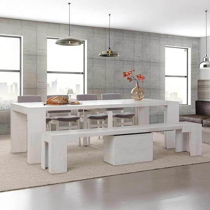 Transformer Table - Solid Wood Extendable Dining Table, Seats 2-12, Expandable Dining Room Table, Space-Saving Furniture, Kitchen and Dining Room Furniture (White, Table + Bench + 4 Chairs)