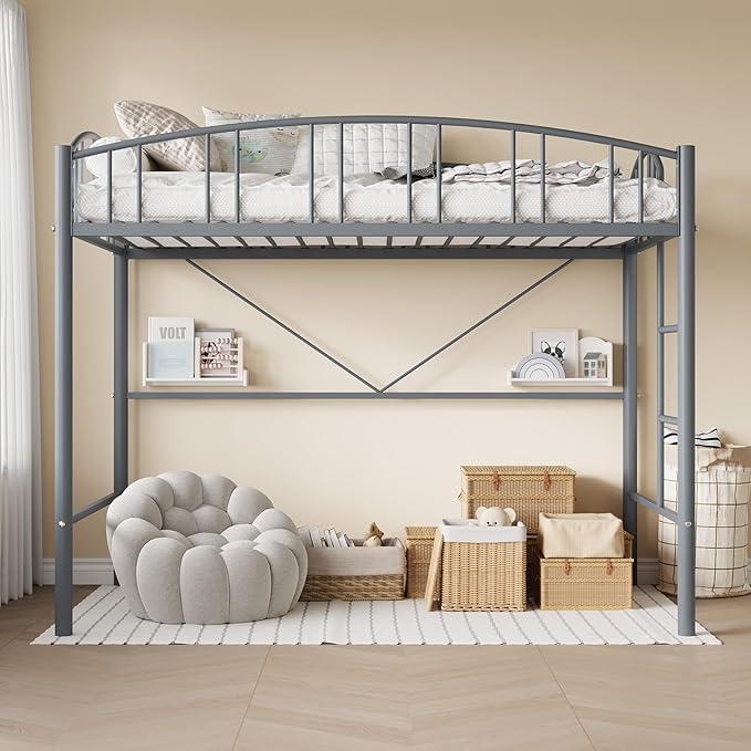 GarveeHome Loft Bed Twin Size, Heavy Duty Metal Loft Bed Frame with Arched Guardrail and Safety Ladder, Space-Saving, No Box Spring Needed, Modern Gray