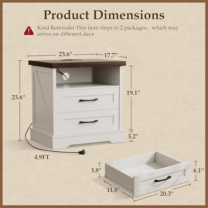 AODK 24 Inch Farmhouse Nightstand Set of 2, Bedside Tables with Charging Station, Wood End Tables with 2 Drawers and Open Shelf, Rustic Bed Side Table for Bedroom & Living Room, White & Dark Walnut