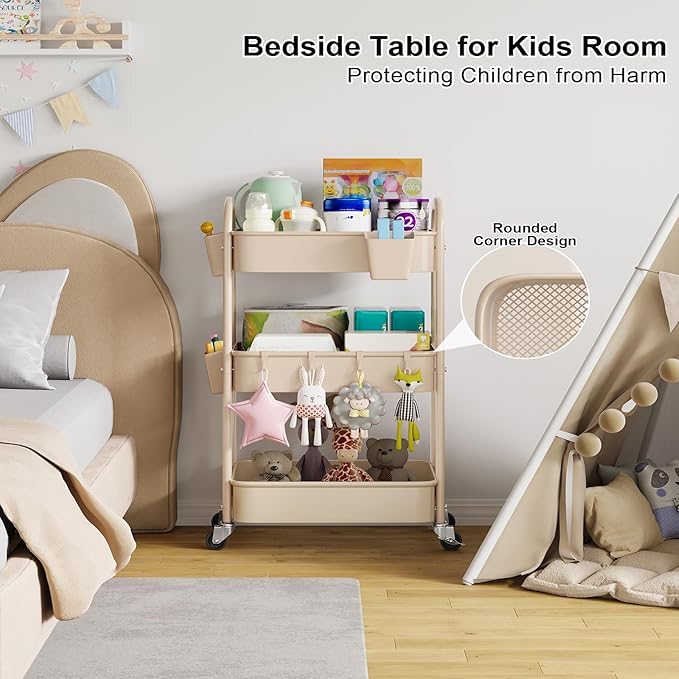 Beige 3 Tier Rolling Cart Metal on Wheels, Three Tiered Storage Organizer Utility Trolley with Wheels for Art, Craft, Baby Diaper Caddy, Snack, Book, Nail, Lash, Cleaning Supplies, Kitchen, Bathroom