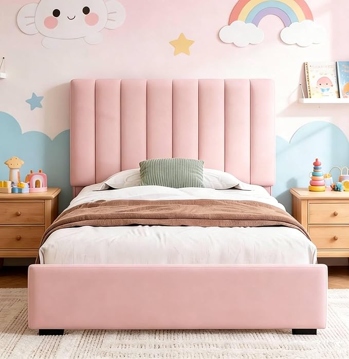 Welzona Upholstered Bed Frame Twin Size with Headboard for Kids, Velvet Fully Upholstered Metal Platform Bed with Vertical Channel Tufted Headboard, 3-Level Height, Metal Support, Easy Assembly, Pink