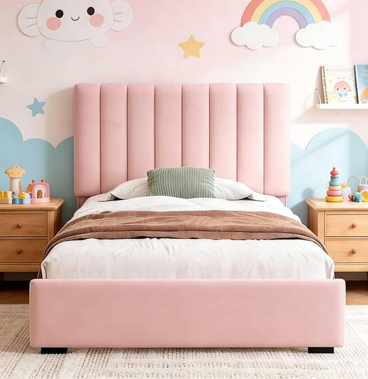 Welzona Upholstered Bed Frame Twin Size with Headboard for Kids, Velvet Fully Upholstered Metal Platform Bed with Vertical Channel Tufted Headboard, 3-Level Height, Metal Support, Easy Assembly, Pink