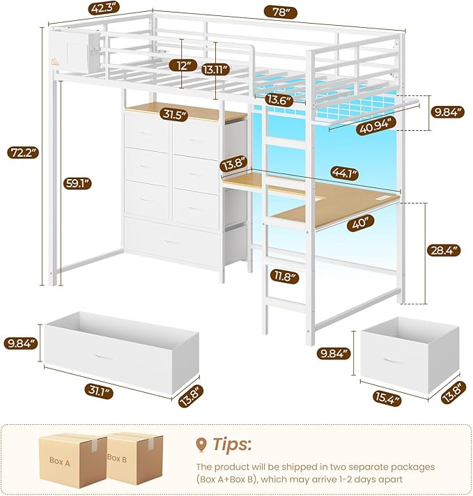 DICTAC Twin Size Loft Bed with L-Shaped Desk and 7 Storage Drawers,Metal Twin Loft Bed for Kids with LED Lights and Charging Station,13.11" H Safety Guardrail and Ladder,No Box Spring Needed, White
