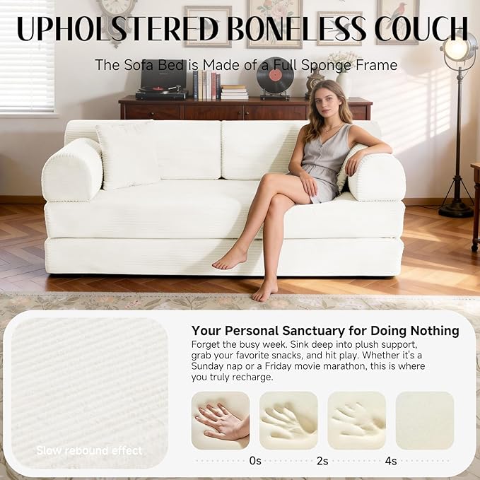 78.8" Convertible Sofa Bed with Detachable Arm Pillow, 6-in-1 Sectional Couches for Living Room, Corduroy Boneless Couch, Sleeper Loveseat Couch Bed, No Assembly, Beige Couch