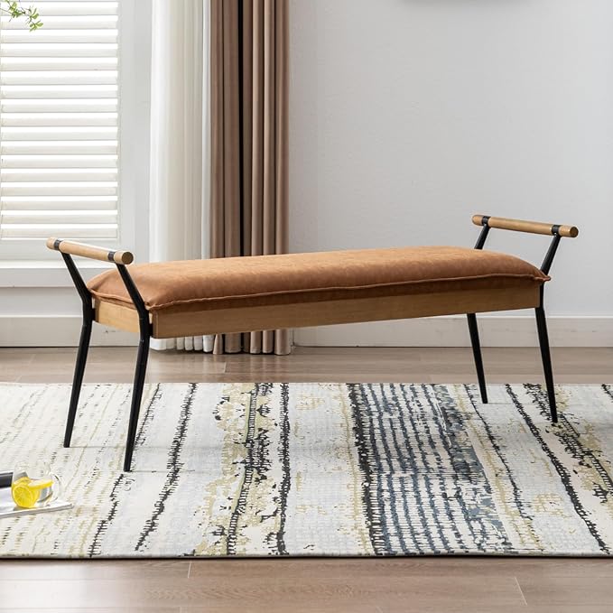 HEAH-YO Modern Dining Bench, 51 Inches Entryway Bench with Armrests, Upholstered PU Leather End of Bench for Bedroom, Brown