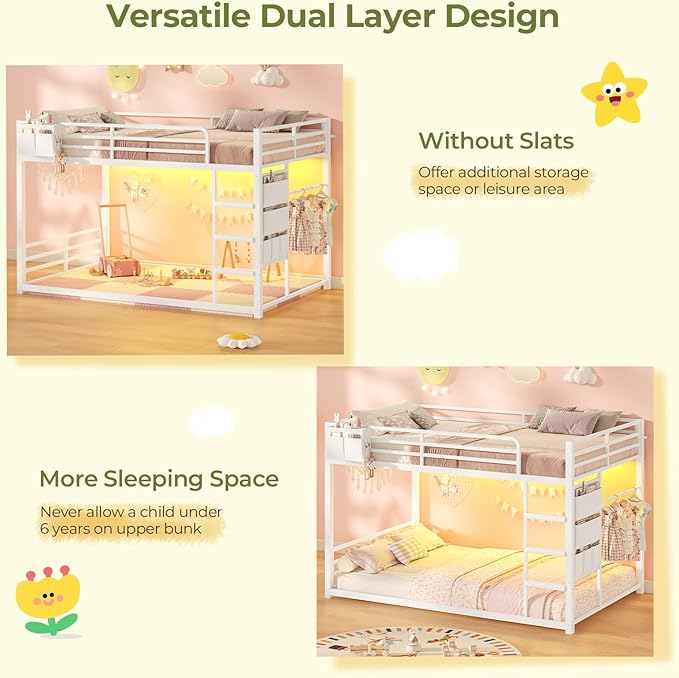 UPOSOJA Bunk Bed Twin Over Twin Bed Frame with LED Lights, Metal Bunk Bed with 13" Guardrail & 3-Step Ladder, Space Saving for Kids and Teen, White