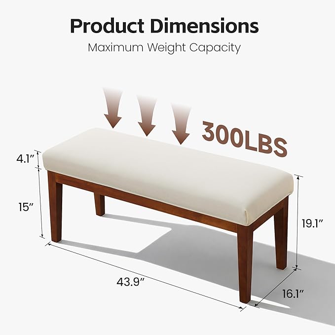 43.5" Upholstered Bedroom Bench, Linen Entryway Bench with Solid Wood Legs, End of Bed Bench with Cushion, Dining Bench for Living Room, Bedroom, Hallway, Beige