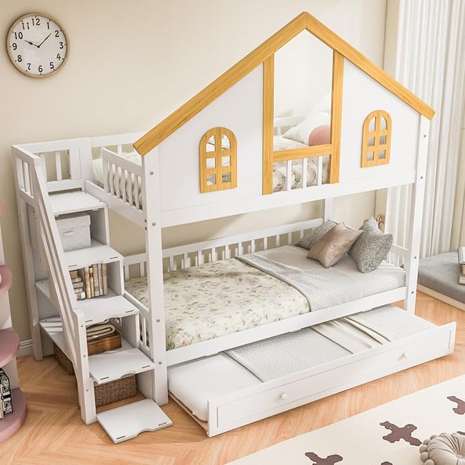 Twin Over Twin Bunk Bed with Trundle and Storage Stairs, House Triple Bunk Castle Bed with Roof and Windows, Bookshelf, Space Saving for Kids, Boys, Girls, Adults, White