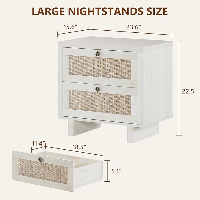 LAZZO White Nightstands Set of 2, Mid Century Modern Night Stand with 2 Rattan Drawers, Bedroom End Tables