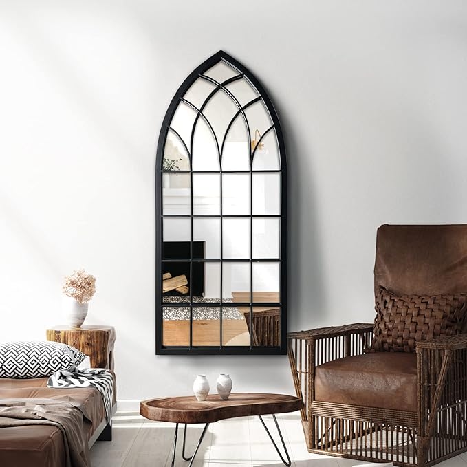 WAMIRRO Farmhouse Window Mirror,Arched Black Mantel Mirror,Cathedral Wall Mirrors with Window Pane for Entryway/Fireplace/Living Room/Hallway 20"X46"