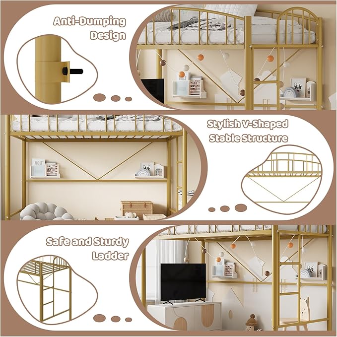 GarveeHome Loft Bed Twin Size, Heavy Duty Metal Loft Bed Frame with Arched Guardrail and Safety Ladder, Space-Saving, No Box Spring Needed, Modern Gold