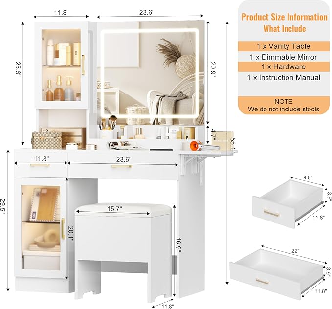 Makeup Vanity with LED Lighted Mirror & Built-in Power Socket, Dressing Table with Single Cabinet & 2 Storage Drawers, Bedroom Vanity Desk Station with Matching Stool (052 White)