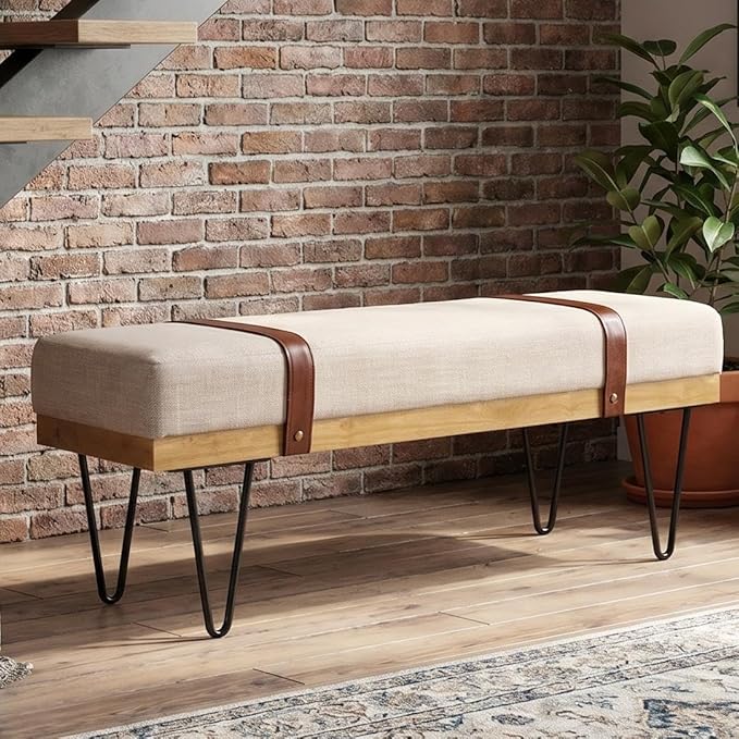 DUOMAY Industrial Modern Linen Rectangle Ottoman Bench with PU Strap and Metal Legs, Mid Century Dining Table Bench Footstool Entryway Shoe Bench for Bedroom Dining Room Living Room, Beige