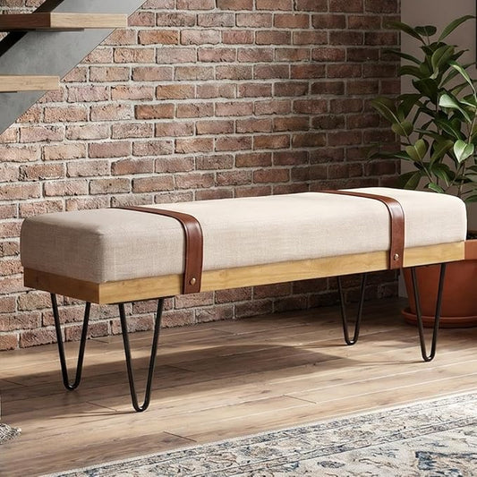 DUOMAY Industrial Modern Linen Rectangle Ottoman Bench with PU Strap and Metal Legs, Mid Century Dining Table Bench Footstool Entryway Shoe Bench for Bedroom Dining Room Living Room, Beige
