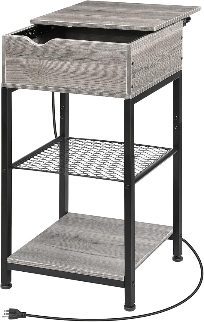 End Table with Charging Station, Bedside Table Nightstand Narrow Sliding Top Side Table with Storage Shelf with USB Ports & Power Outlets for Small Spaces Living Room, Bedroom, Office, Sliver