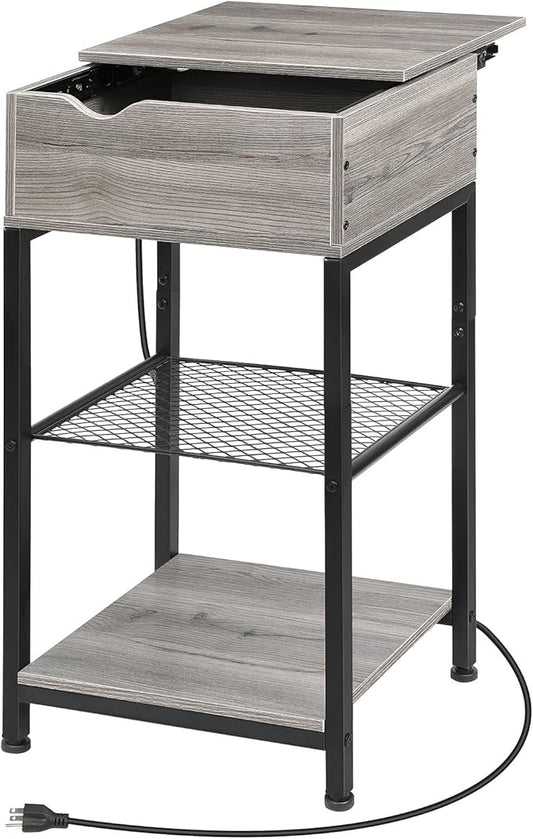 End Table with Charging Station, Bedside Table Nightstand Narrow Sliding Top Side Table with Storage Shelf with USB Ports & Power Outlets for Small Spaces Living Room, Bedroom, Office, Sliver