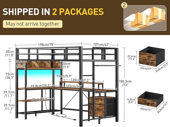 RALGEND Twin Loft Bed with L-Shaped Gaming Desk and Charging Station, Metal Loft Bed Frame with RGB Lights, Storage Drawers and Hanging Rod, Loft Bed for Teen/Adult, Rustic Brown