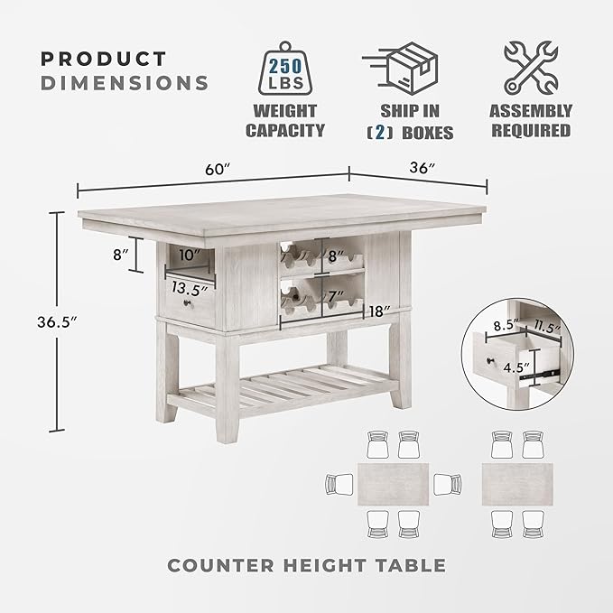 Lexicon 60" Farmhouse Counter Height Dining Table for 6, Solid Wood Frame Acacia Veneer Rectangular Dining Table with Wine Storage, Drawers, and Open Shelves, Brushed Antique White