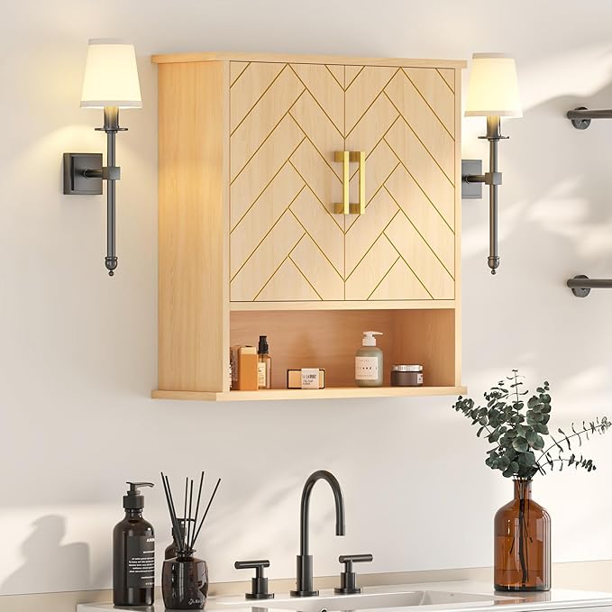 Natural Chevron Pattern Bathroom Wall Mount Cabinet, Gold Accent Hanging Medicine Cabinet with Open Shelf, Over The Toilet Storage Organizer for Home (23 5/8" x 22 7/8" x 7 1/8")
