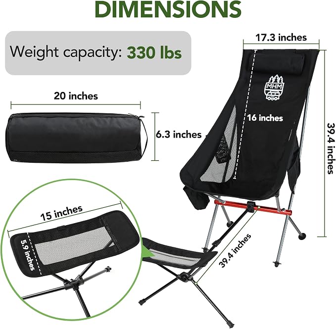 MHM Portable Camping Chair with Footrest, High Back Reclining Lightweight Folding Chair with Cup Holder, Storage Pocket & Carry Bag for Camping, Beach, Backpacking, Outdoor