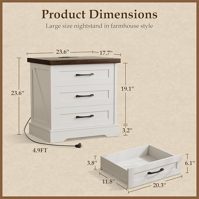 AODK 24 Inch Farmhouse Nightstands with Charging Station, Bedside Tables with Three Drawers, Bed Side Table with Storage, End Tables with Outlet and USB for Bedroom, Living Room, White & Dark Walnut
