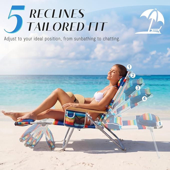 5-Positon Backpack Beach Chair, Portable Folding Tanning Chair, Double Shoulder Straps Beach Lounge Chair with Footrest, Face Hole, Towel Bar (Red Blue, 60.6" (Set of 2))